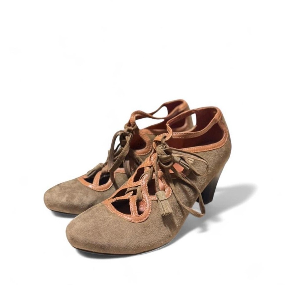 Gentle Souls Tan and Olive Suede Lace-Up Heels